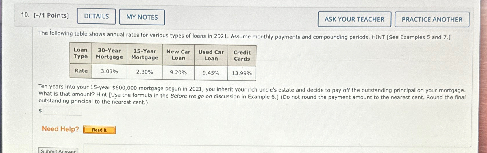  [-/1 Points] The following table shows annual rates for various types