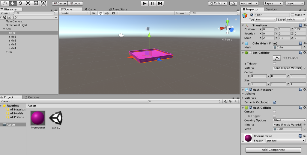 floor of the box? Unity 2017.3.0f3 Personal (64bit) Lab 1.0.unity - Lab