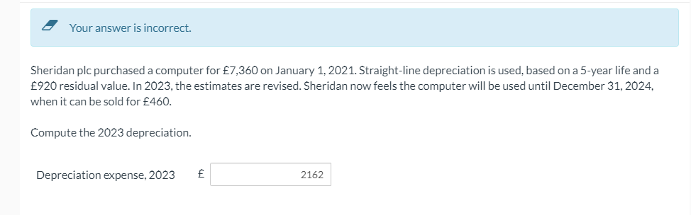  Your answer is incorrect. Sheridan plc purchased a computer for 7,360