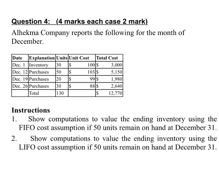  Question 4: (4 marks each case 2 mark) Alhekma Company reports