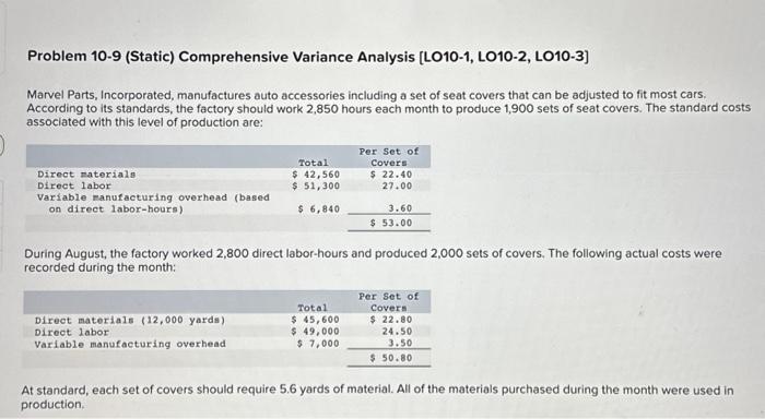  Problem 10-9 (Static) Comprehensive Variance Analysis [LO10-1, LO10-2, LO10-3] Marvel Parts,