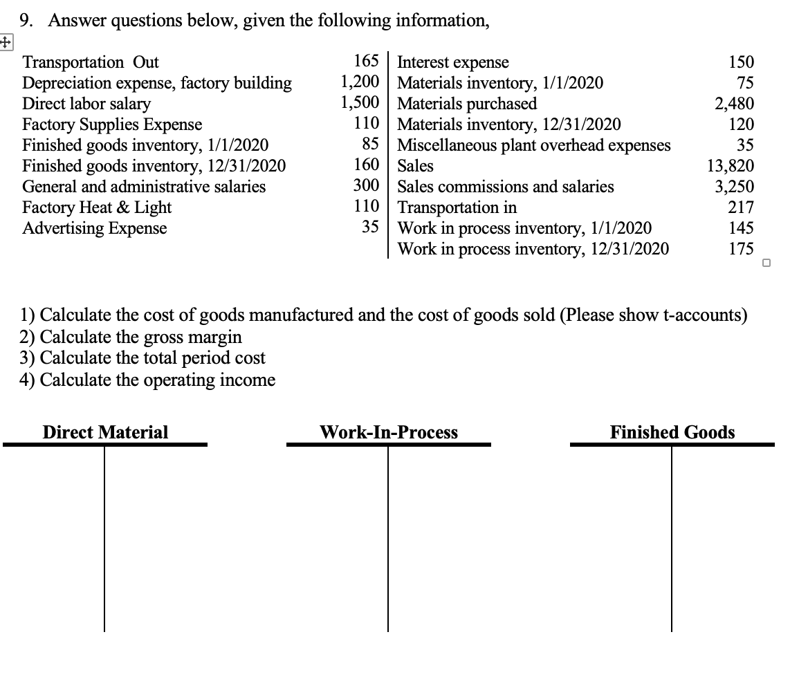 9. Answer questions below, given the following information, 150 75 2,480