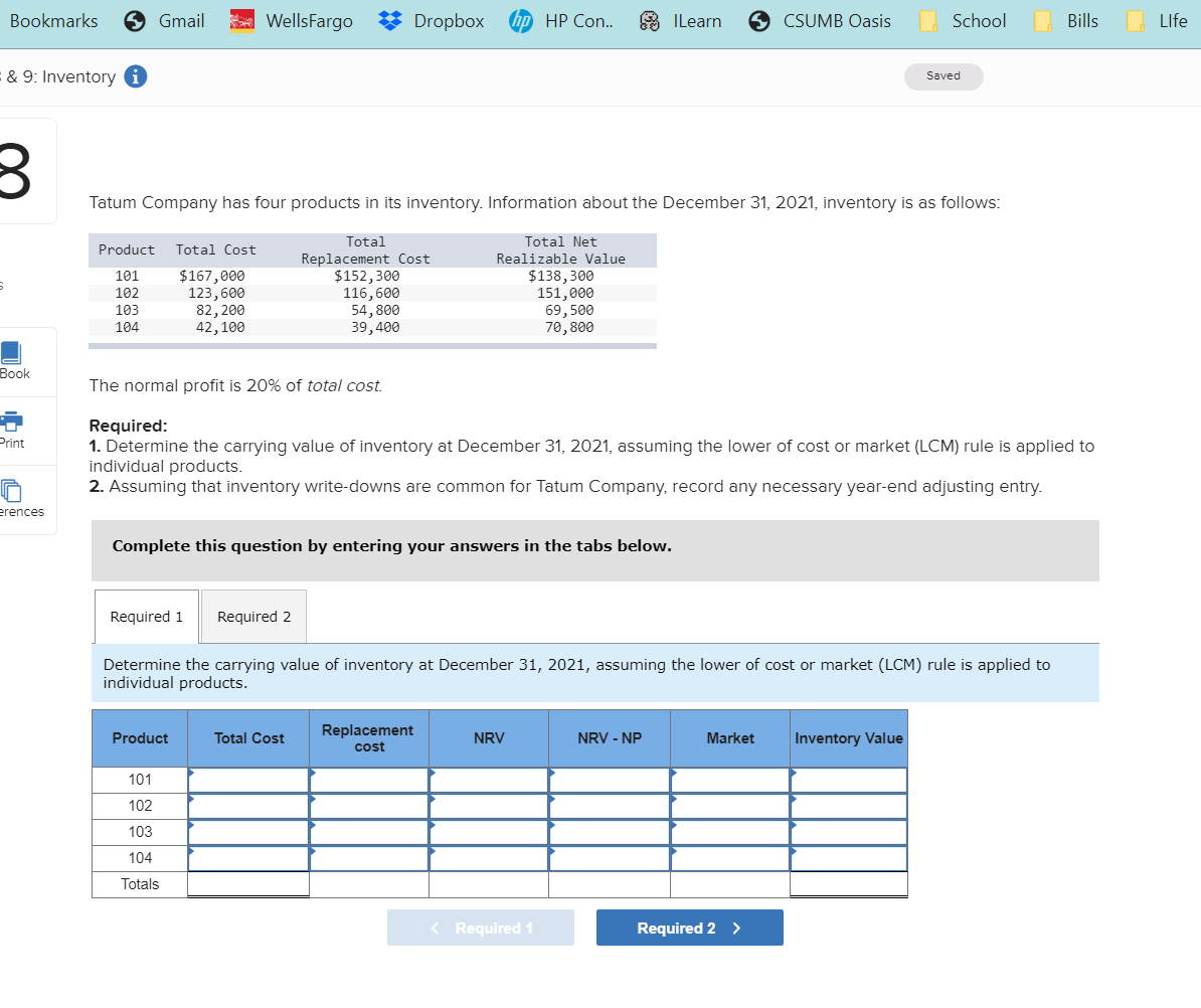 Bookmarks Gmail Wellsfargo * Dropbox (p HP Con.. ILearn CSUMB Oasis