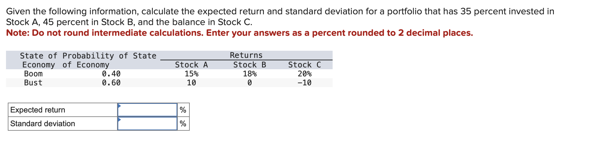  Given the following information, calculate the expected return and standard deviation