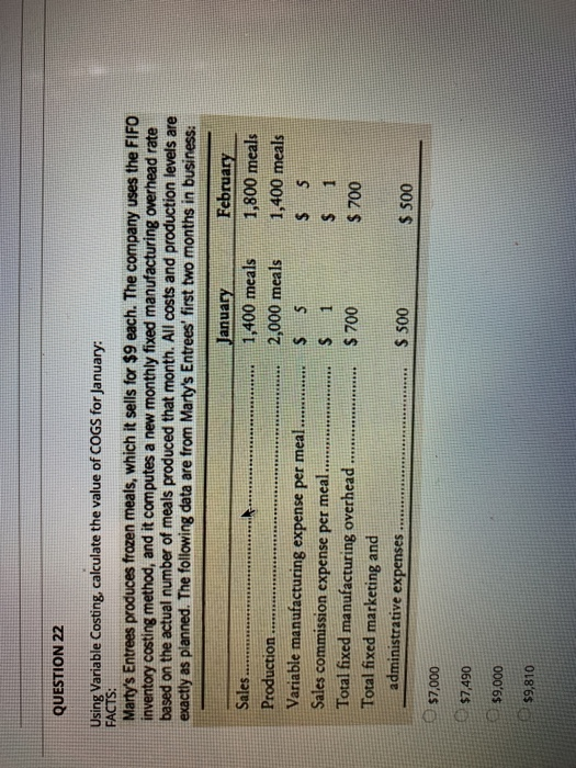  QUESTION 22 Using Variable Costing, calculate the value of COGS for