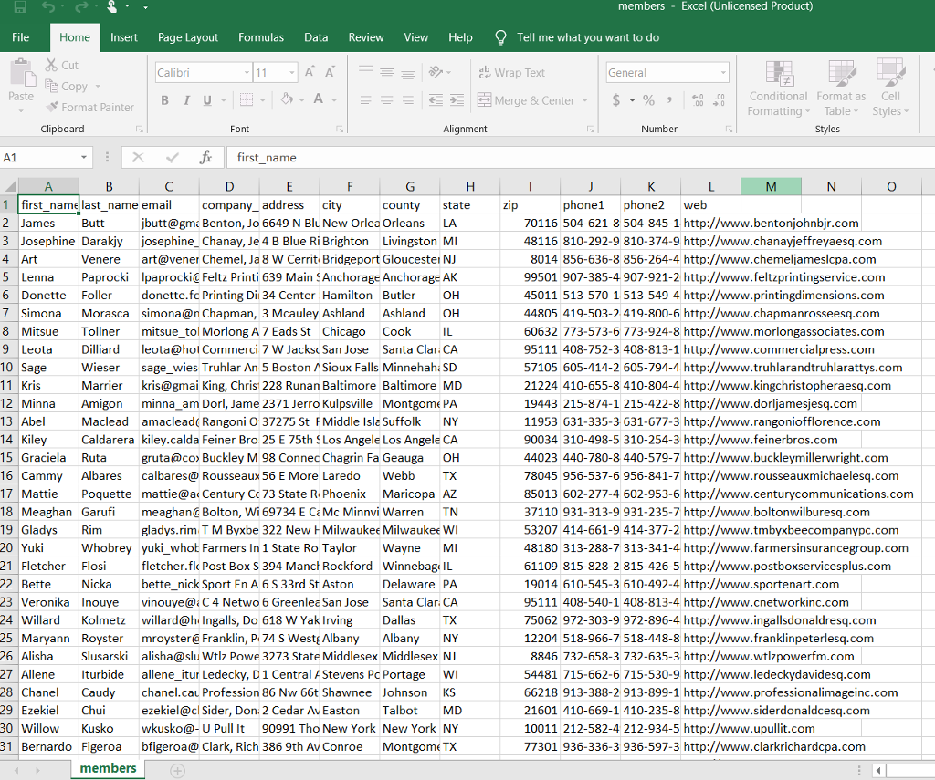  members Excel (Unlicensed Product) File Home Insert Page Layout Formulas Data