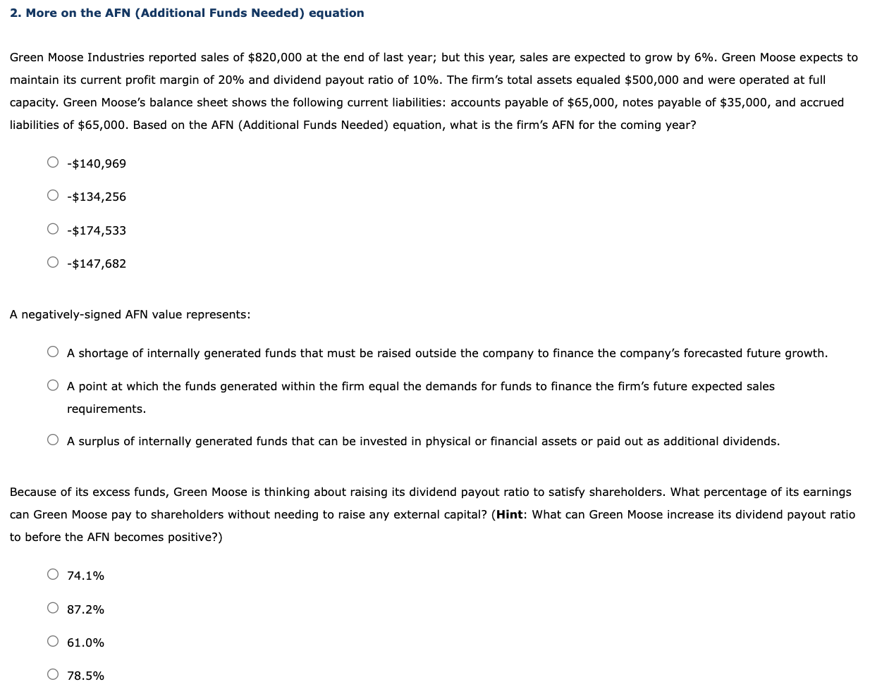  More on the AFN (Additional Funds Needed) equation Green Moose Industries