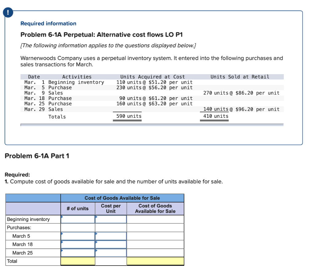 Required information Problem 6-1A Perpetual: Alternative cost flows LO P1 [The