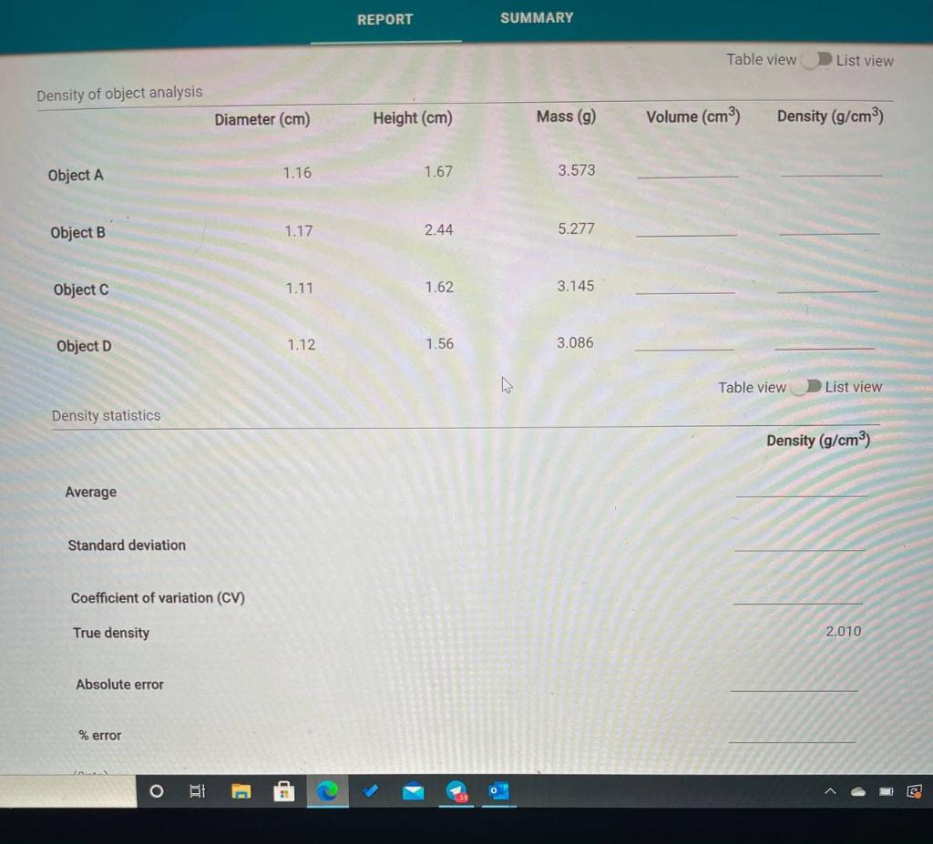 REPORT SUMMARY Dimensions and masses of solid objects Identification number of assigned