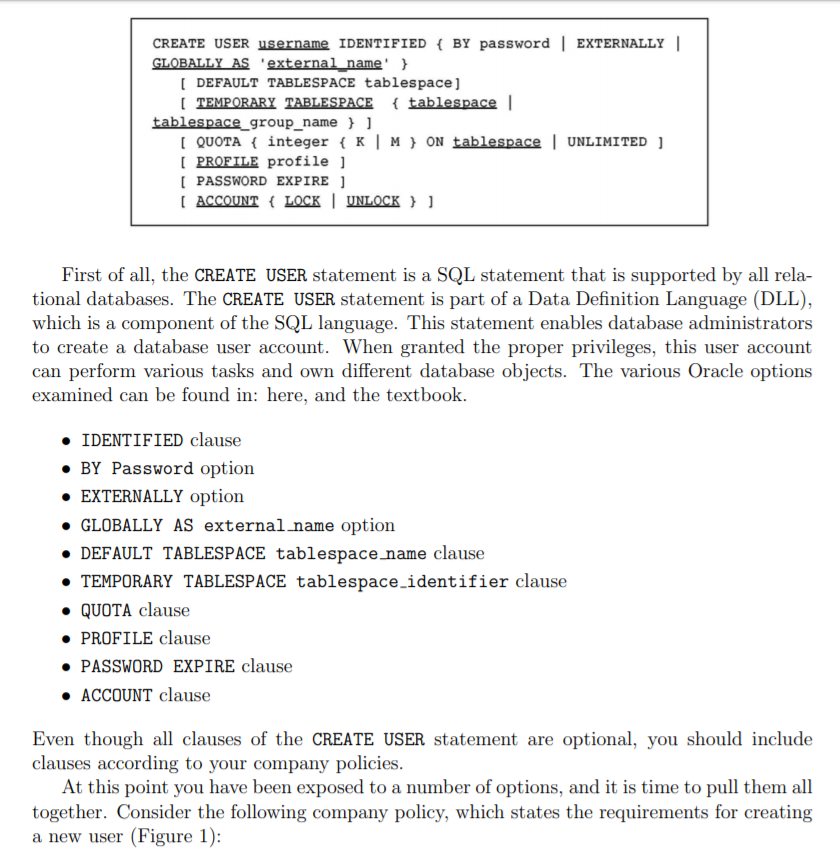 EXTERNALLY CREATE USER username IDENTIFIED { BY password GLOBALLY AS 'external
