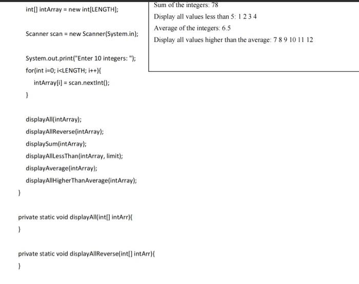 integers into an array. The application should call five static methods (from