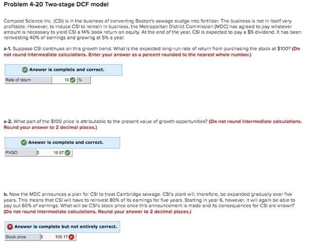  Problem 4-20 Two-stage DCF model Compost Science Inc. (CSI) is in