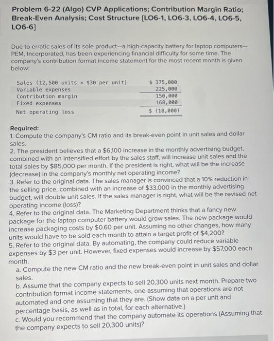  Problem 6-22 (Algo) CVP Applications; Contribution Margin Ratio; Break-Even Analysis; Cost