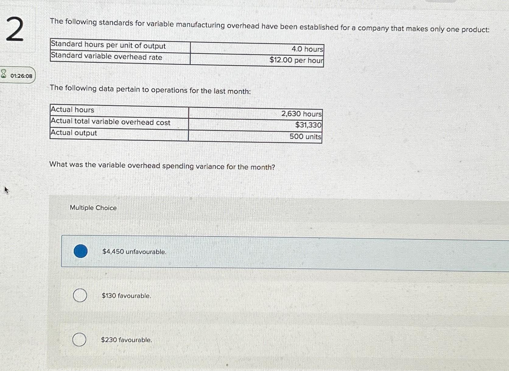  2 The following standards for variable manufacturing overhead have been established