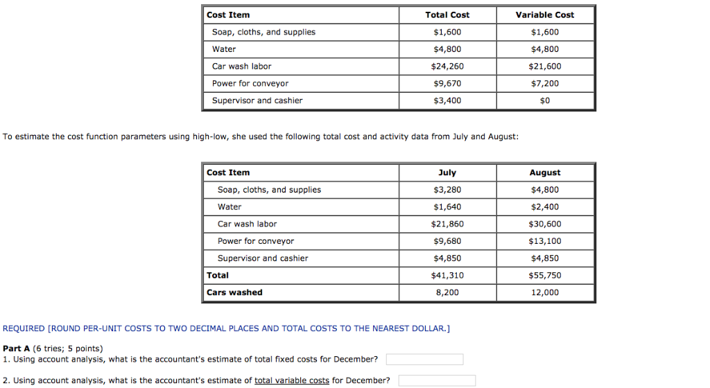  Part B (6 tries; 5 points) 1. Using the high-low method,