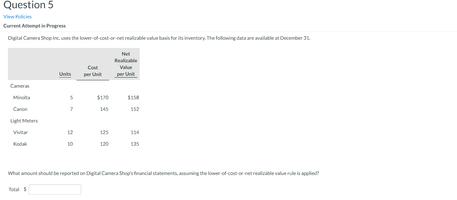Question 5 View Policies Current Attempt in Progress Digital Camera Shop