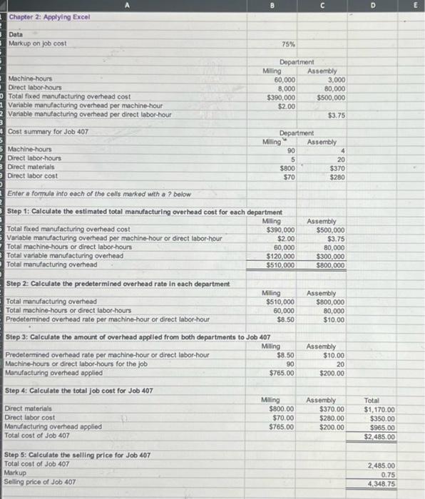  Chapter 2: Applying Excel Data Markup on job cost 75% Degartment