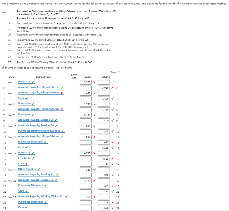  Tim Simpleton owns a variety store called Tiny Tim Center. Journalize