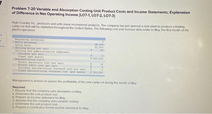  Problem 7-20 Variable and Absorption Costing Unit Product Costs and Income