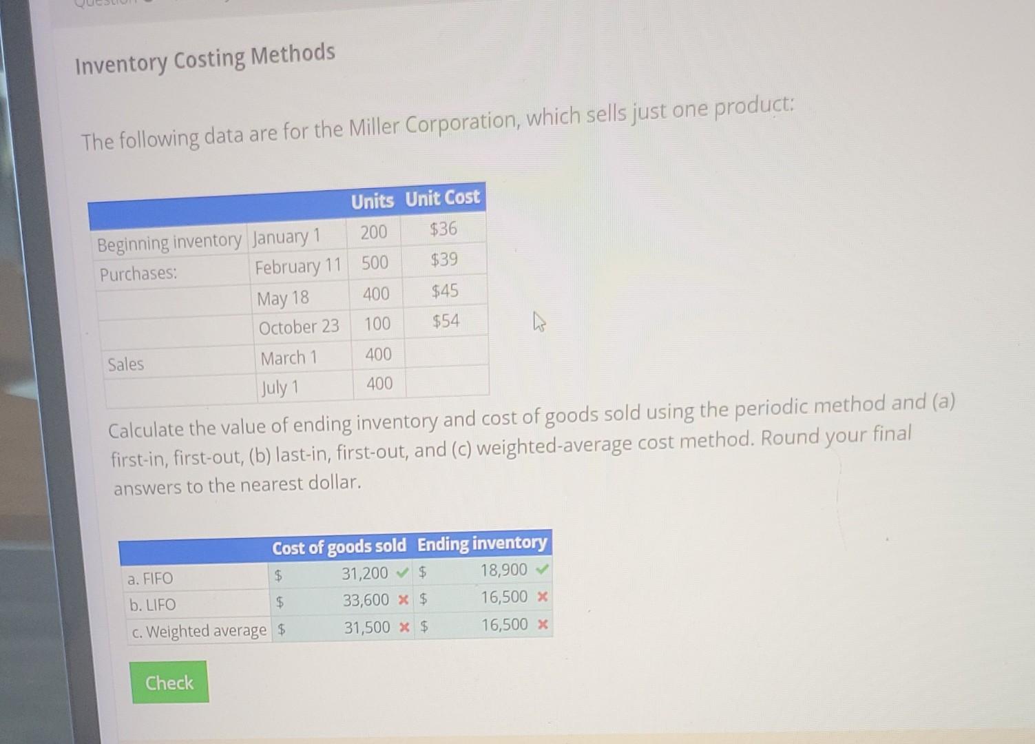  Inventory Costing Methods The following data are for the Miller Corporation,