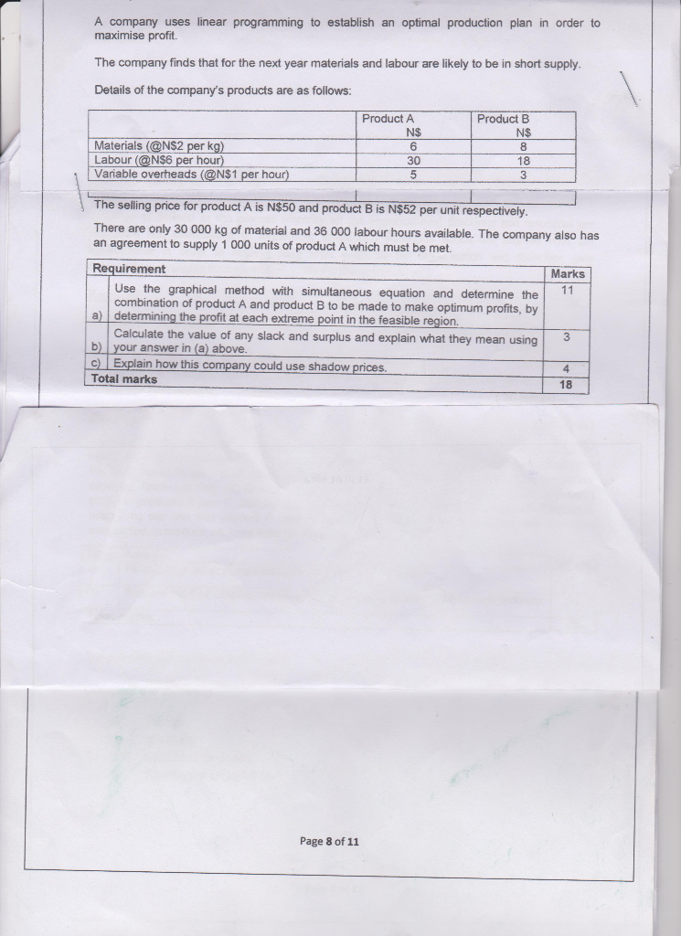  A company uses linear programming to establish an optimal production plan