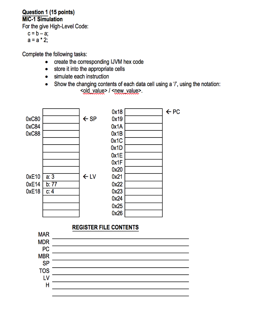  Question 1 (15 points) MIC-1 Simulation For the give High-Level Code