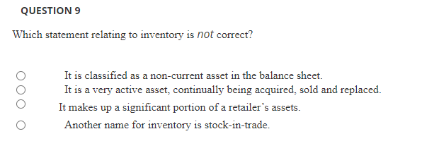 QUESTION 9 Which statement relating to inventory is not correct? OOO