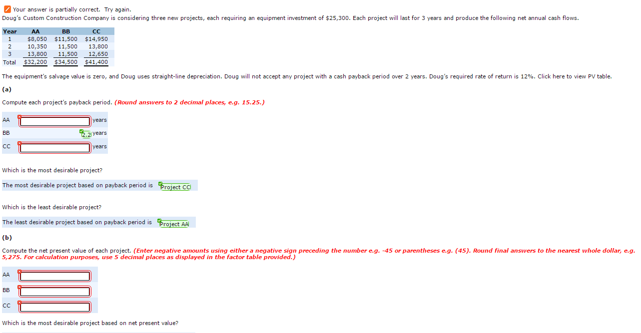 Doug's Custom Construction Company is considering three new projects, each requiring