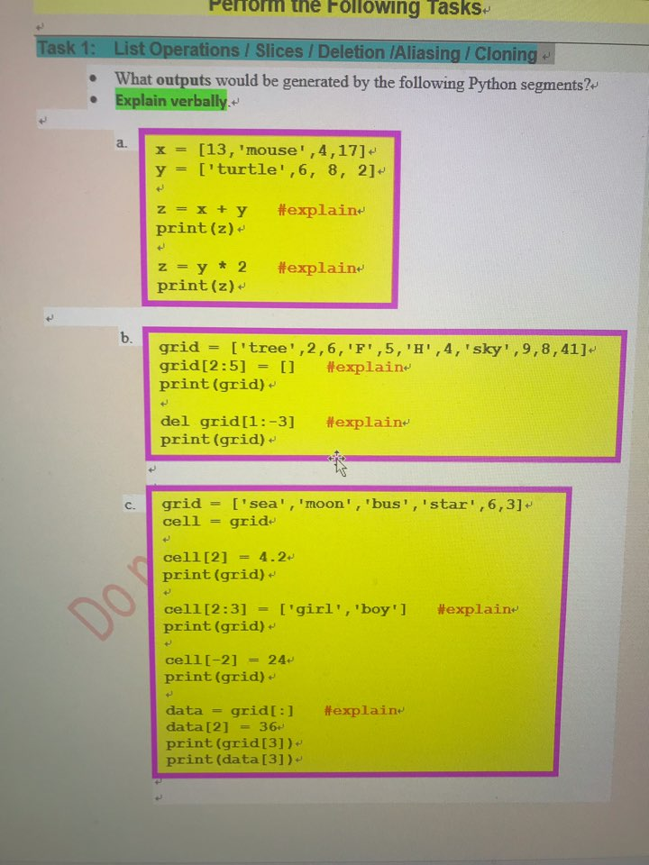  python programming Periorm the Following Tasks Task 1: List Operations /
