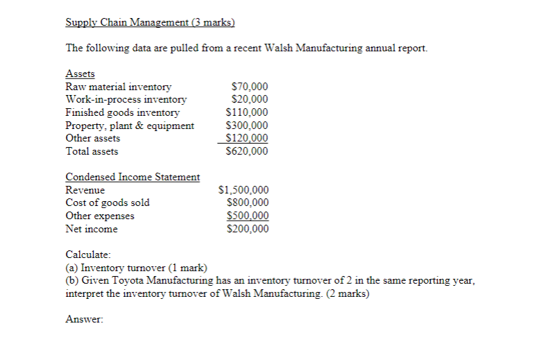  Supply Chain Management (3 marks) The following data are pulled from