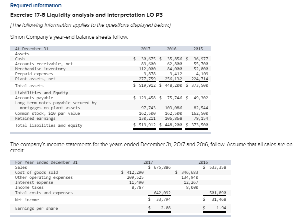 17-8 Part 4 4) Compute days' sales In Inventory. Days Sales In