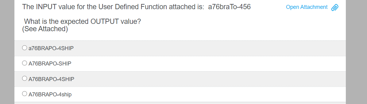  The INPUT value for the User Defined Function attached is: a76bra