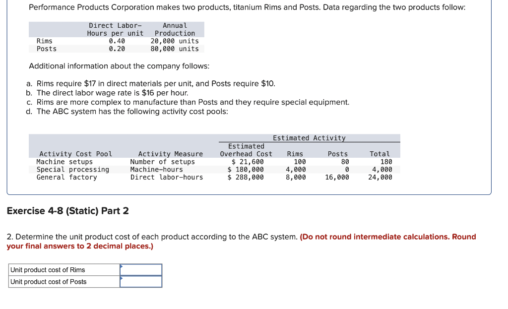 Additional information about the company follows: a. Rims require $17 in direct
