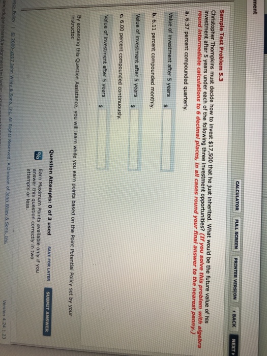  ment NEXT Sample Test Problem 5.3 must decide how to invest