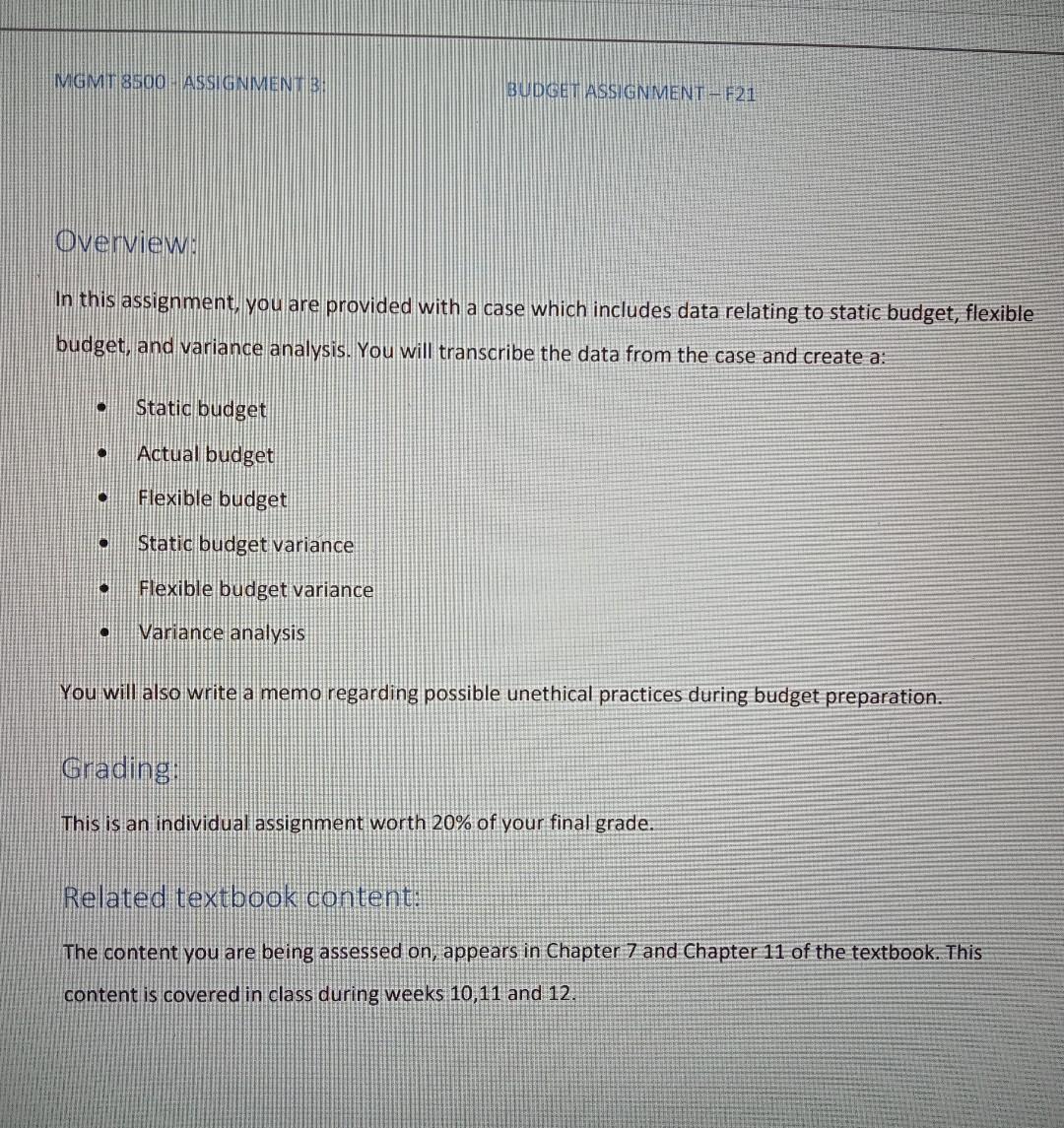 MGMT 8500H ASSIGNMENTIBI BUDGET ASSIGNMENT-F21 Overview In this assignment, you are