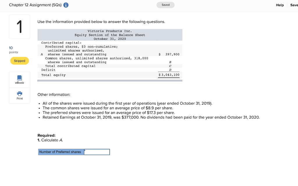 Chapter 12 Assignment (5Qs) i Saved Help Save Use the information