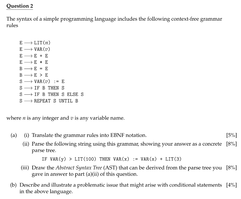The syntax of a simple programming language includes the following context-free