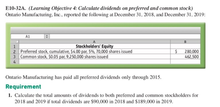  E10-32A. (Learning Objective 4: Calculate dividends on preferred and common stock)