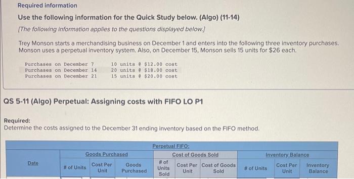  Required information Use the following information for the Quick Study below.