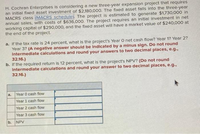 Help Solve Please H. Cochran Enterprises is considering a new three-year expansion