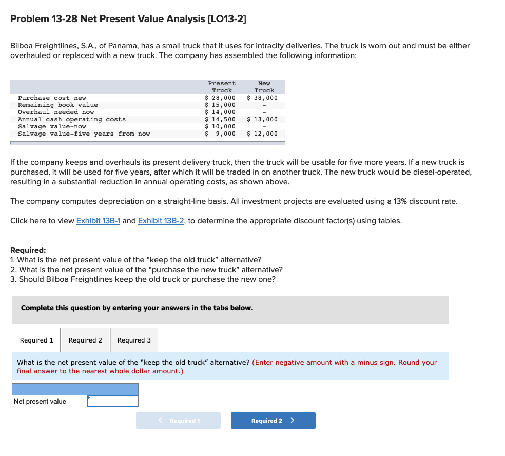 Problem 13-28 Net Present Value Analysis (LO13-2) Bilboa Freightlines, S.A., of