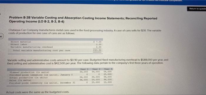  Return to questi Problem 8-38 Variable Costing and Absorption Costing Income