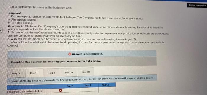 Statements; Reconciling Reported Operating Income (LO 8-2, 8-3, 8-4) Chataqua Can Company