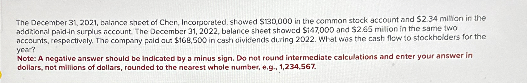  The December 31,2021, balance sheet of Chen, Incorporated, showed $130,000 in