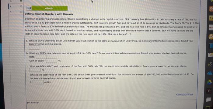  Optimal Capital Structure with Hamada deckman Engineering and Associates (BEA) is