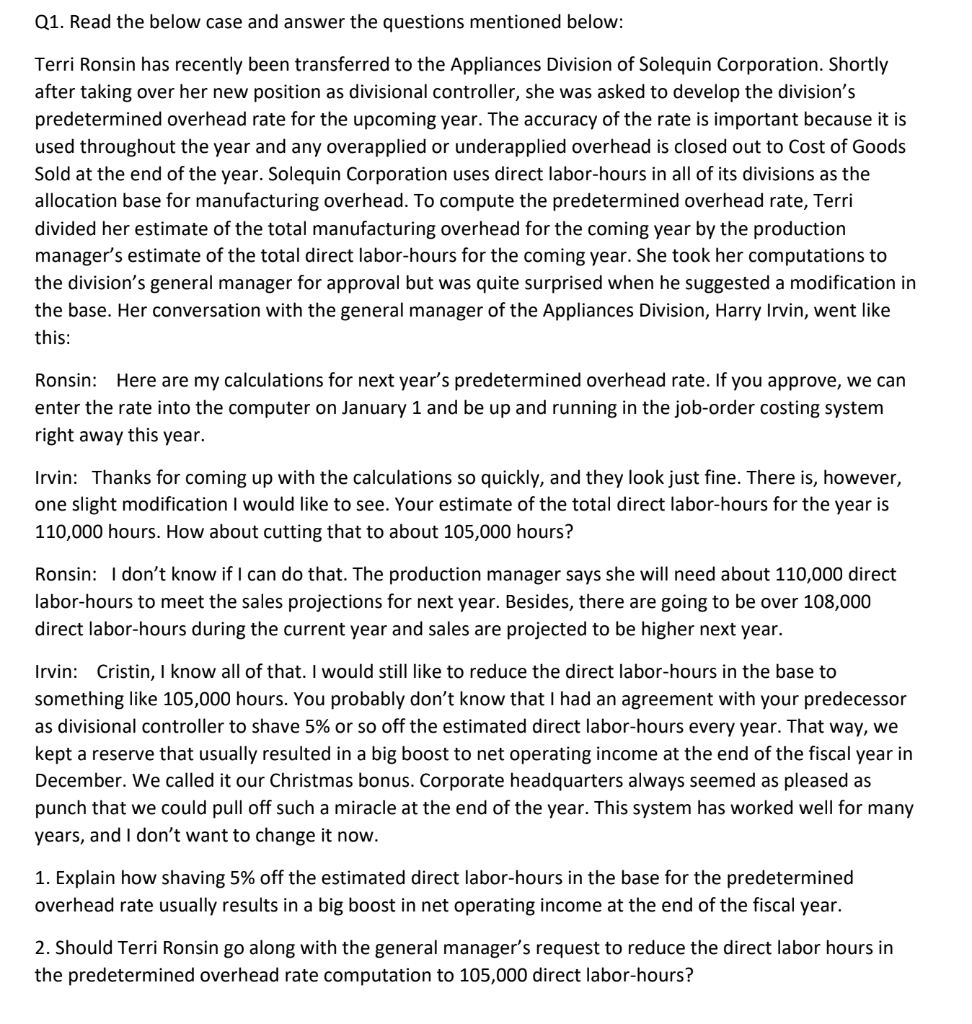 Terri Ronsin has recently been transferred to the Appliances Division of Solequin