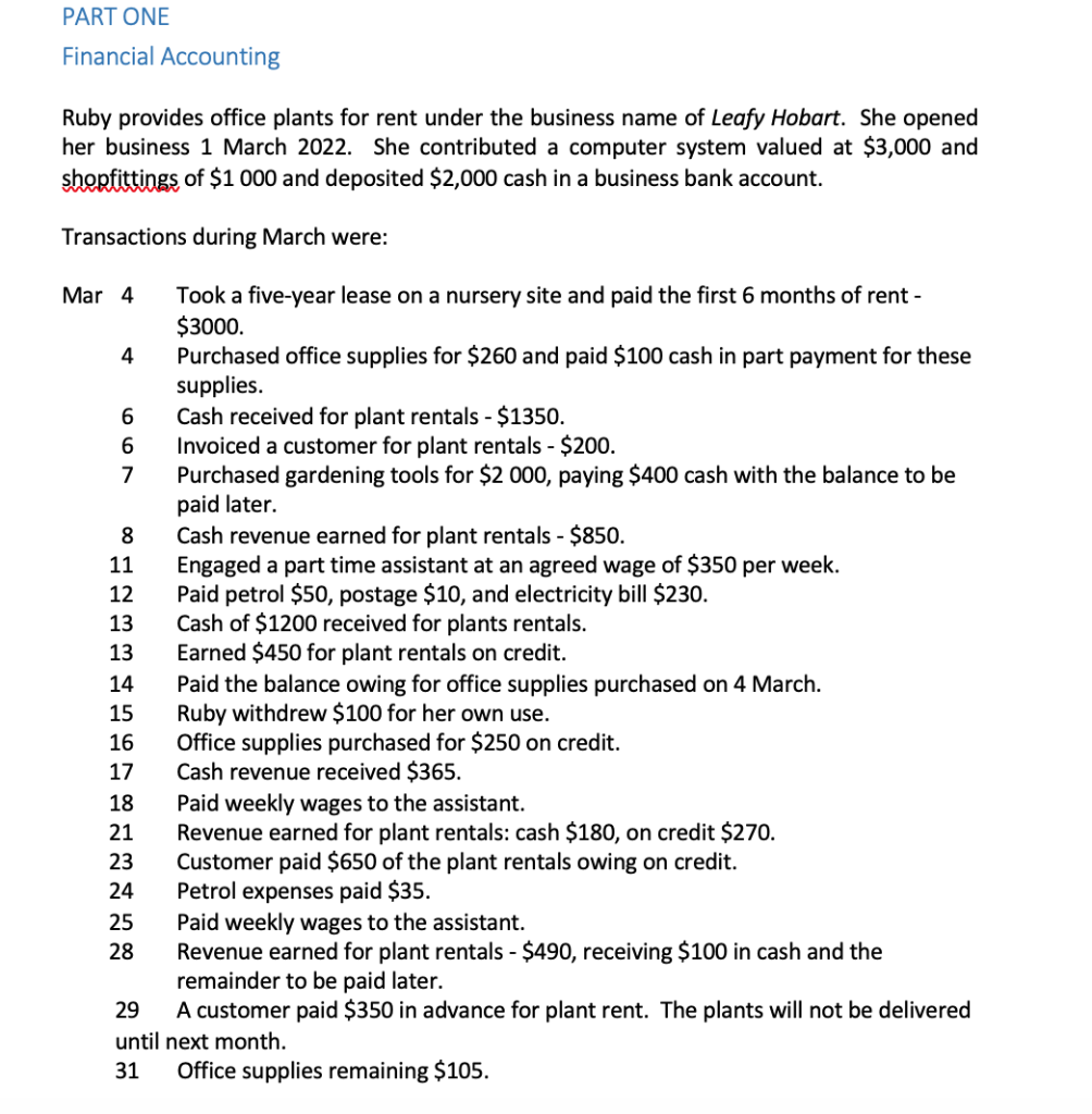Make a Income Statement PART ONE Financial Accounting Ruby provides office plants