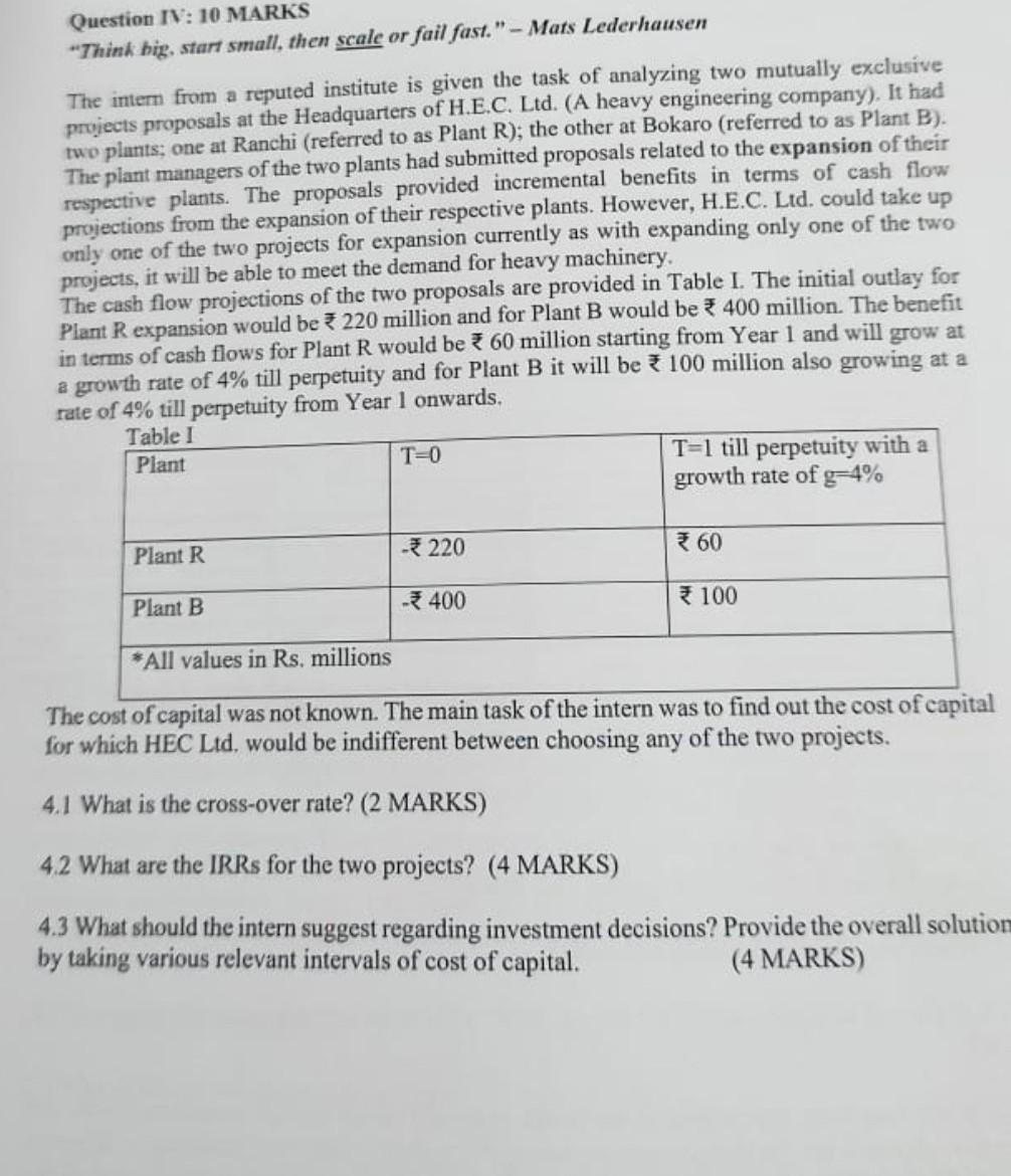 Question IV: 10 MARKS "Think big, start small, then scale or