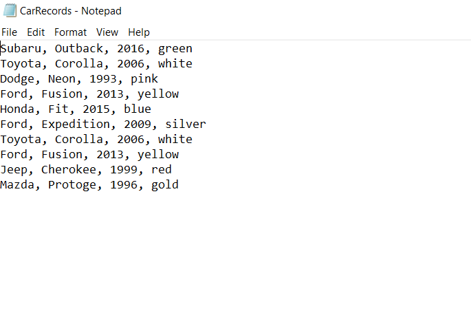 same "CarRecords.txt" input file, implement the tasks below for a linked list