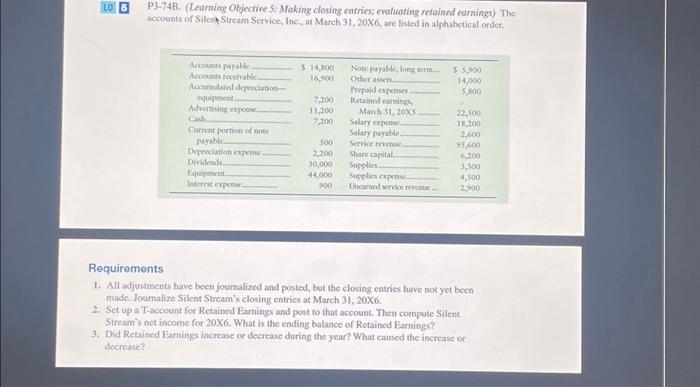  LO 5 P3-74B. (Learning Objective 5: Making closing entries; evaluating retained